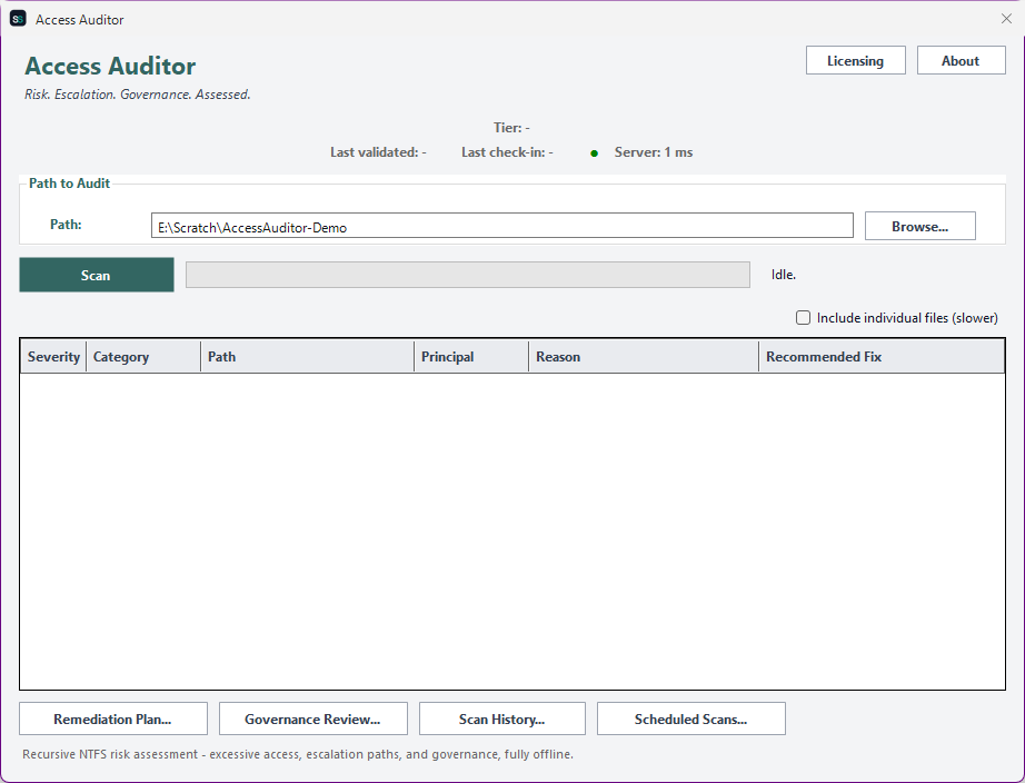 Access Auditor main window showing the scan path selector, tier status, and a findings grid of access risks