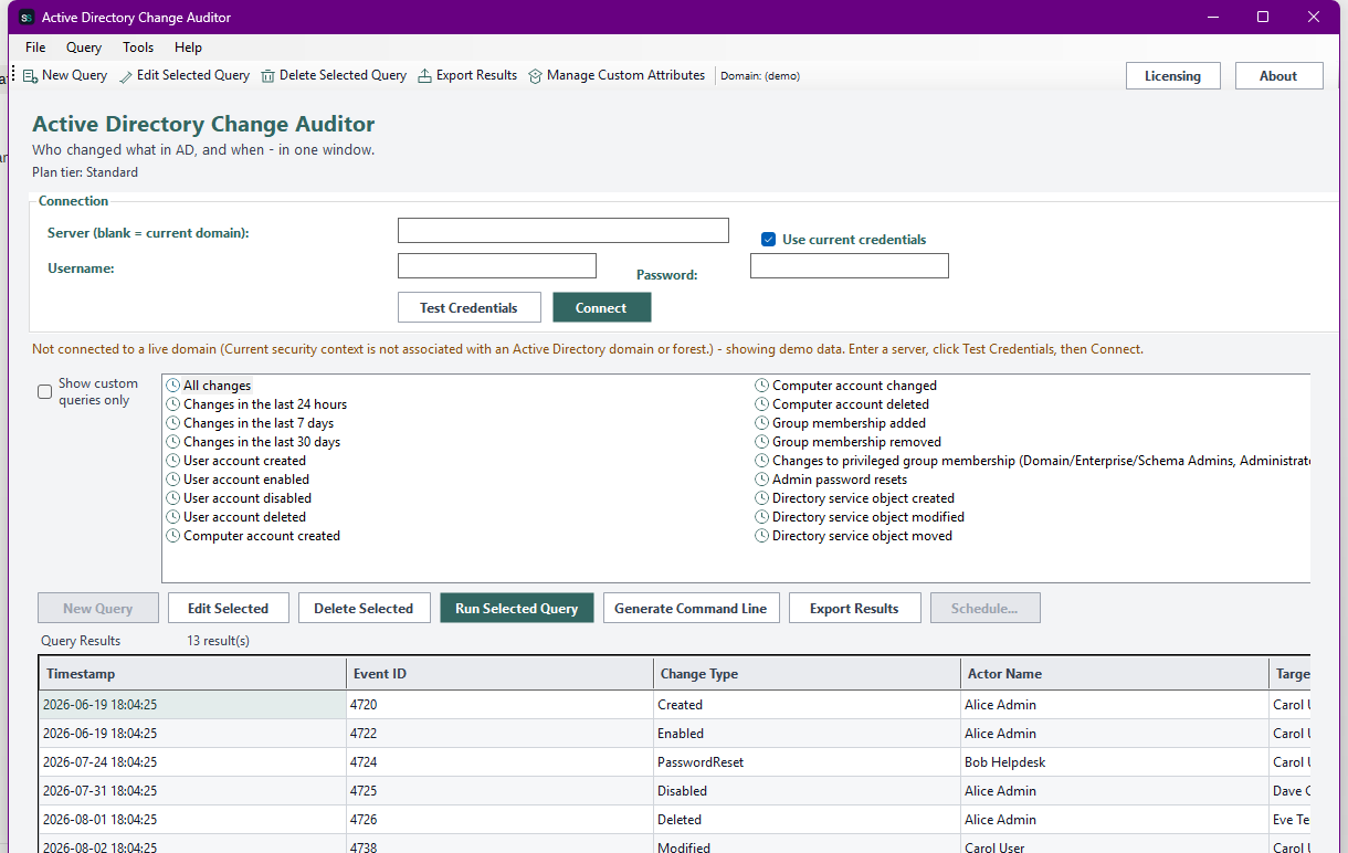 Active Directory Change Auditor showing the unified query list with a small clock icon next to every built-in query, the 'All changes' query selected, and its results grid populated with 13 change events showing Timestamp, Event ID, Change Type, and Actor Name