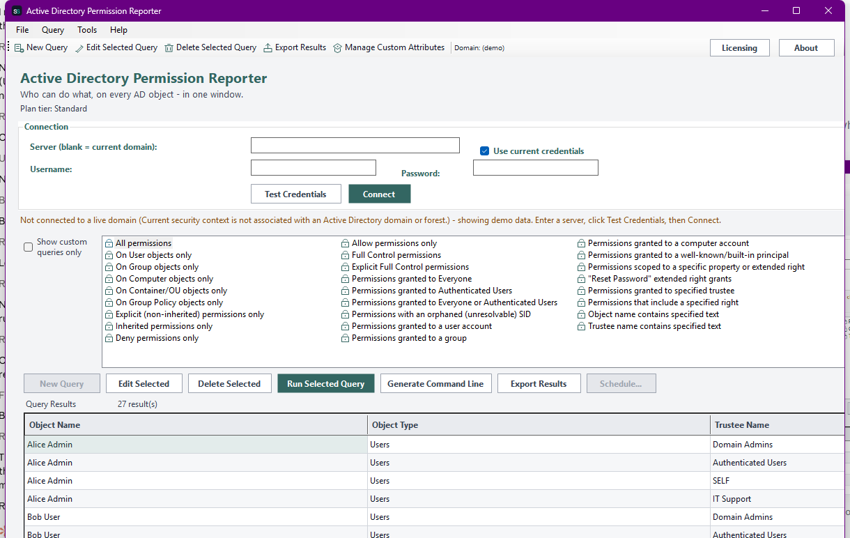 Active Directory Permission Reporter showing the unified query list with a small icon next to every built-in query, the 'All permissions' query selected, and its results grid populated with 27 permission entries spanning every object type, with Object Type as one of the result columns