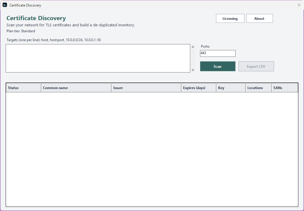 Certificate Discovery main window showing the targets box, ports field, Scan/Export CSV buttons, and the de-duplicated inventory grid