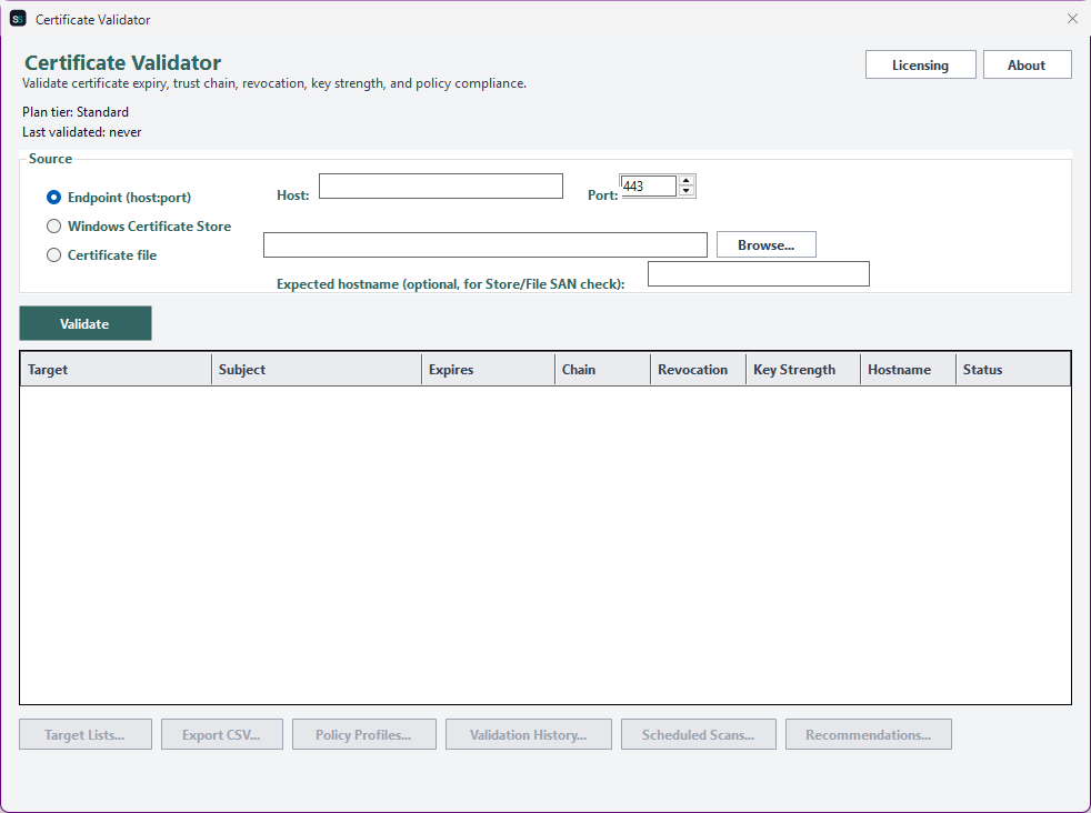 Certificate Validator main window showing the source selector, host/port fields, Validate button, and the per-finding results grid
