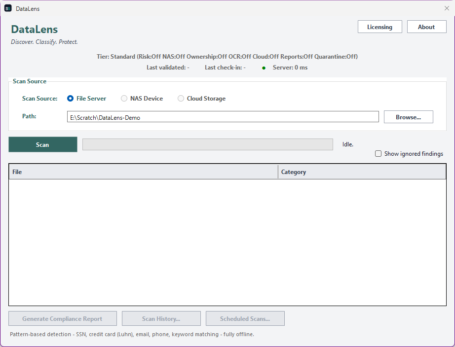 DataLens main window showing the scan source selector, tier status, and results grid with detected findings