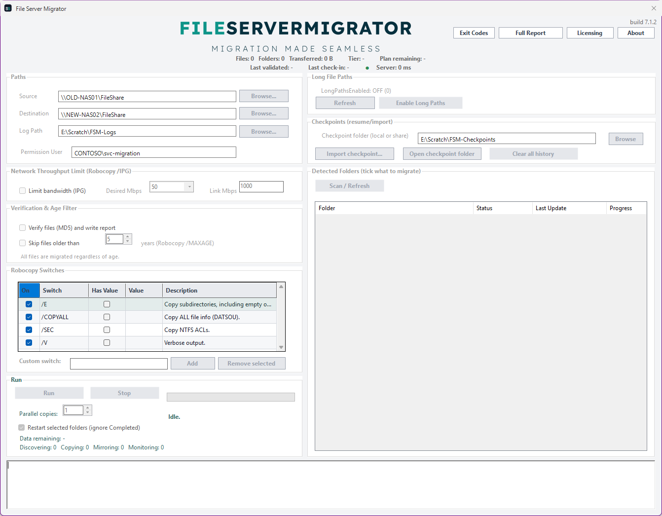 FileServerMigrator main window showing source/destination paths, robocopy switches, the folder migration grid, and live license/server health status