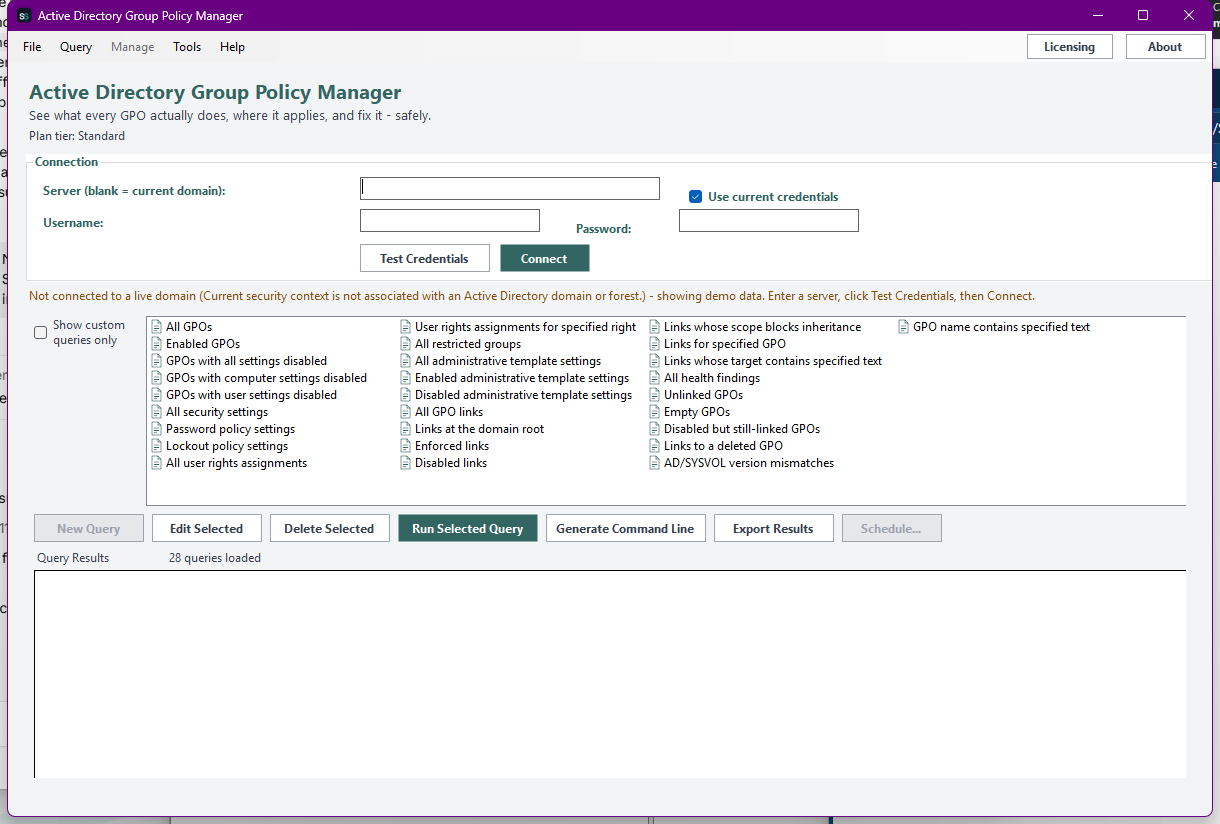 Active Directory Group Policy Manager showing the Connection panel, the unified 28-query catalog spanning GPO inventory, settings, links, and health findings, and the Manage menu that holds every write action