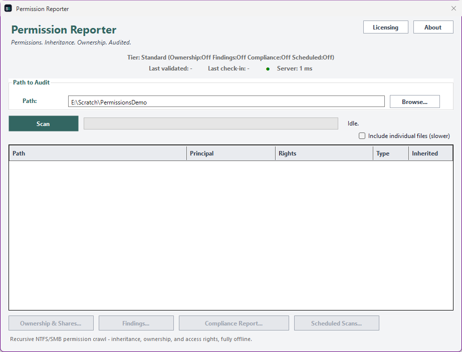 Permission Reporter main window showing the audit path selector, tier status, and a results grid of NTFS access control entries