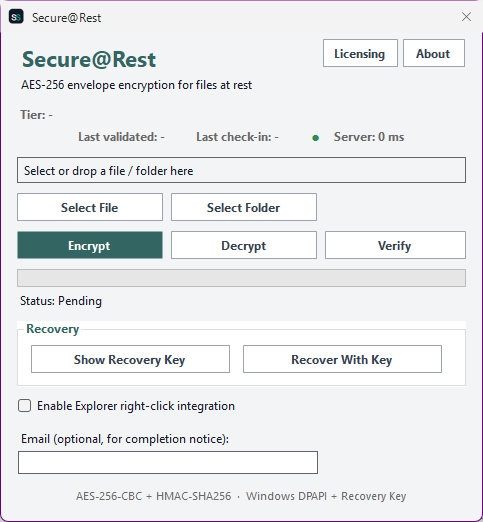 Secure@Rest main window showing the file/folder selector, Encrypt/Decrypt/Verify actions, recovery key tools, and Explorer integration toggle
