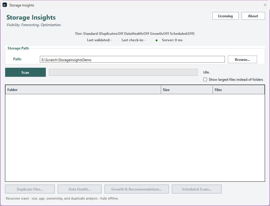 Storage Insights main window showing the storage path selector, tier status, and a folder rollup grid with sizes and file counts