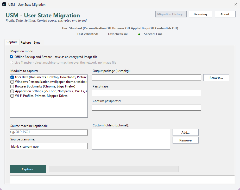 USM main window showing the capture mode selector, module checklist, and tier status